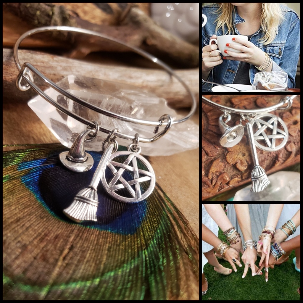 Witchy Stainless Steel Adjustable Bangle Bracelet PentagramBroomWitch Jewelry 20$